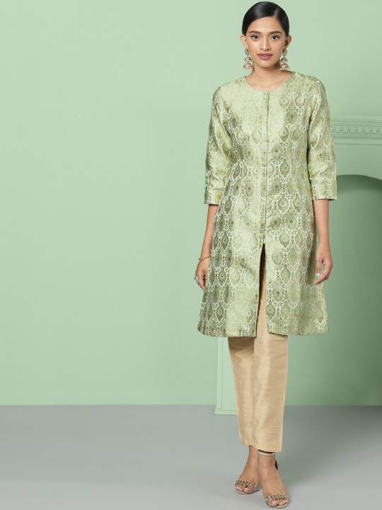 Women Green & Gold-Coloured Woven Design A-Line Kurta XS