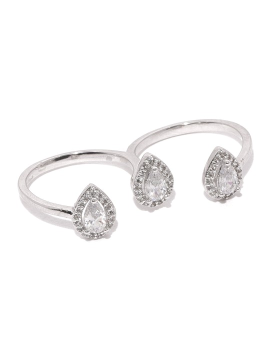 Silver-Plated Stone-Studded Dual Finger Ring