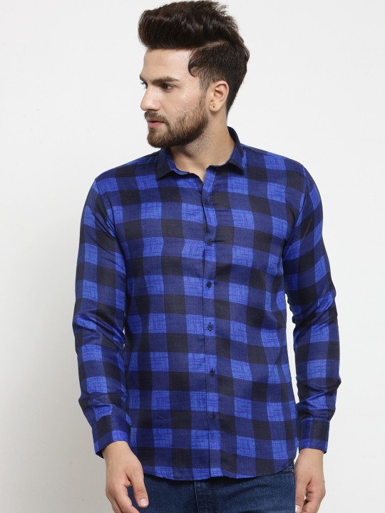 Men Blue & Black Slim Fit Checked Casual Shirt 40