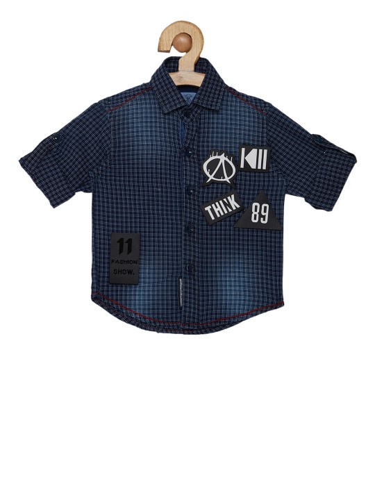 Boys Navy Blue Regular Fit Checked Casual Shirt 0-6M