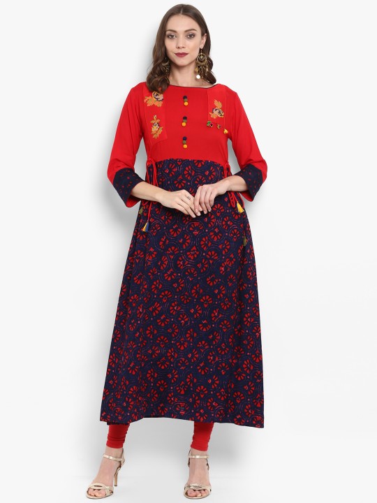 Women Red & Navy Blue Printed Straight Kurta L