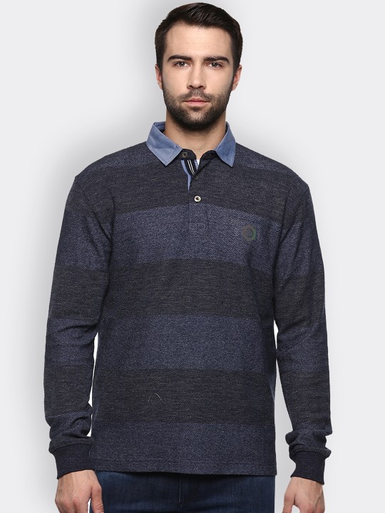 Men Navy Blue Striped Polo Collar T-shirt S