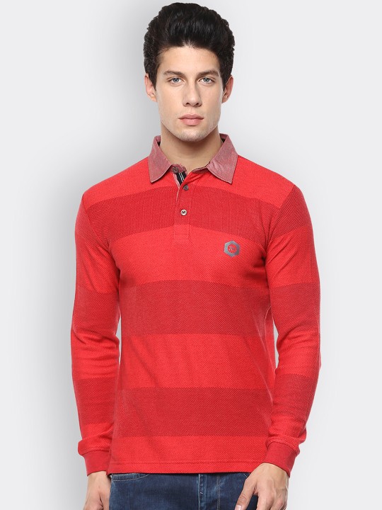 Men Red Striped Polo Collar T-shirt S
