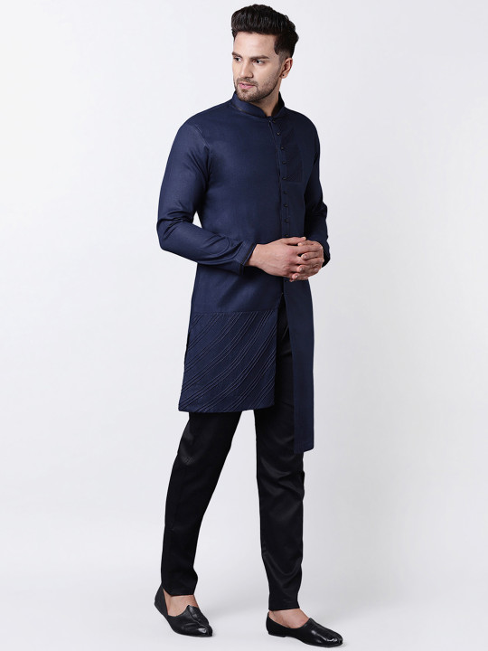 Men Navy Blue \u0026 Black Self Design Kurta 