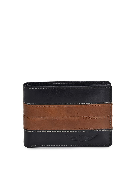 Men Tan & Black Colourblocked Leather Two Fold Wallet