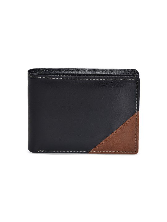 Men Black & Tan Solid Leather Two Fold Wallet