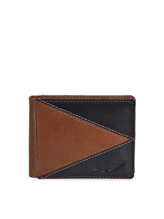 Men Tan & Black Colourblocked Leather Two Fold Wallet
