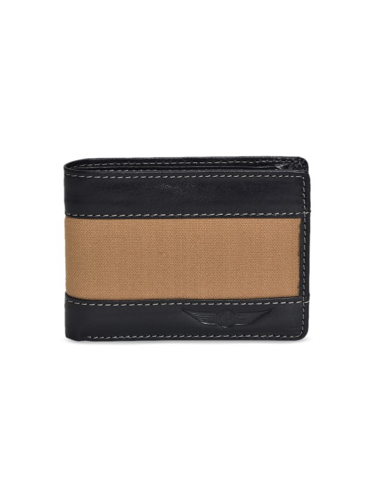 Men Beige & Black Colourblocked Leather Two Fold Wallet