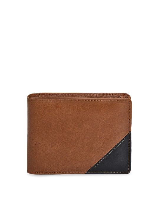 Men Tan & Black Solid Leather Two Fold Wallet