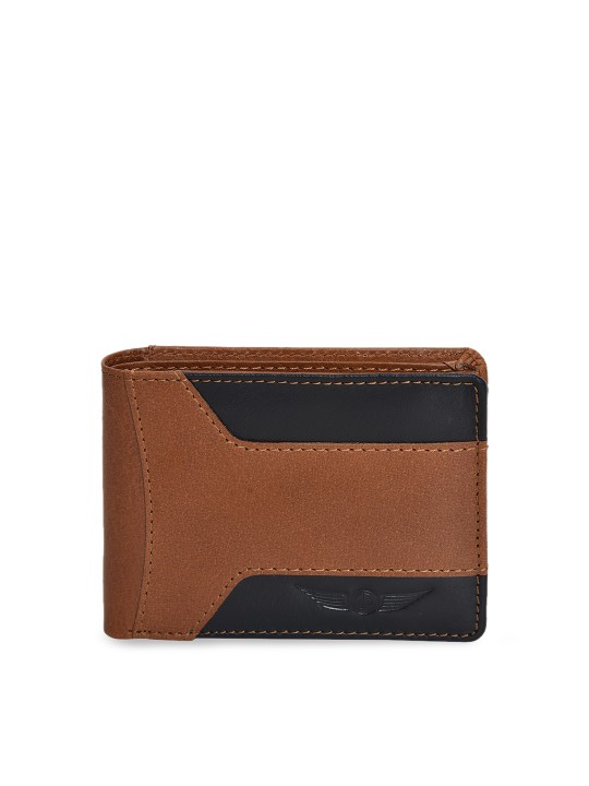 Men Tan & Black Colourblocked Leather Two Fold Wallet