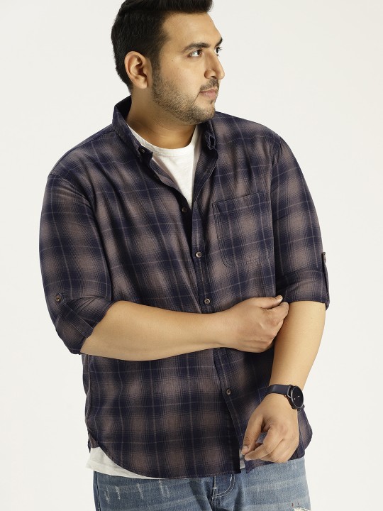 Men Navy Blue & Taupe Checked Casual Shirt 42