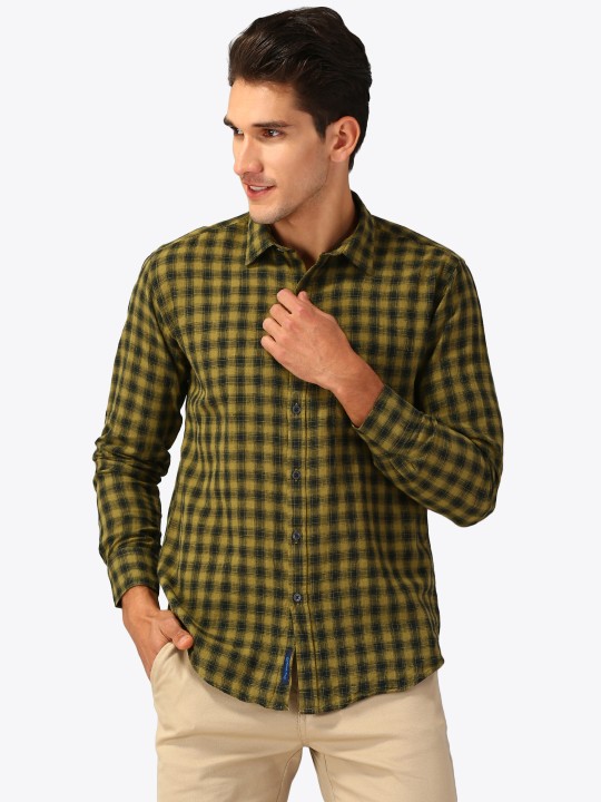 CAVALLO Men Yellow & Black Slim Fit Checked Casual Linen Shirt 39