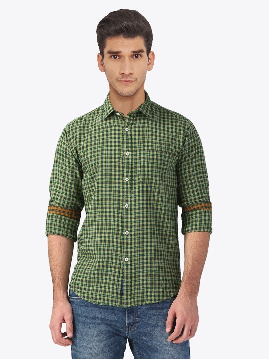 CAVALLO Men Olive Green & Multicoloured Slim Fit Checked Casual Linen Shirt 39