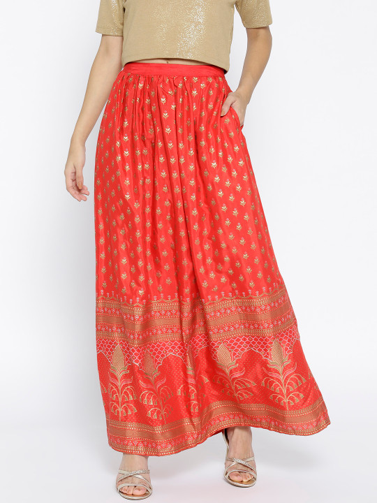 Global Desi Red Printed Gathered Maxi Skirt