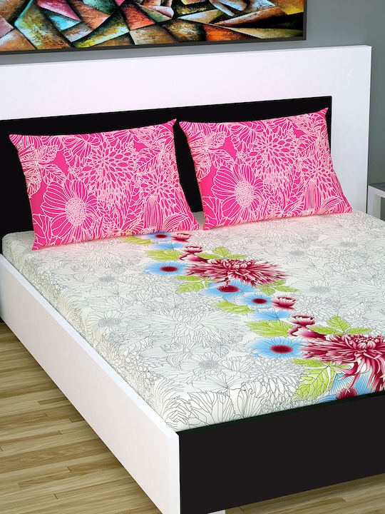 Off-White & Pink Floral Flat 144 TC Extra Large Bedsheet with 2 Pillow Covers