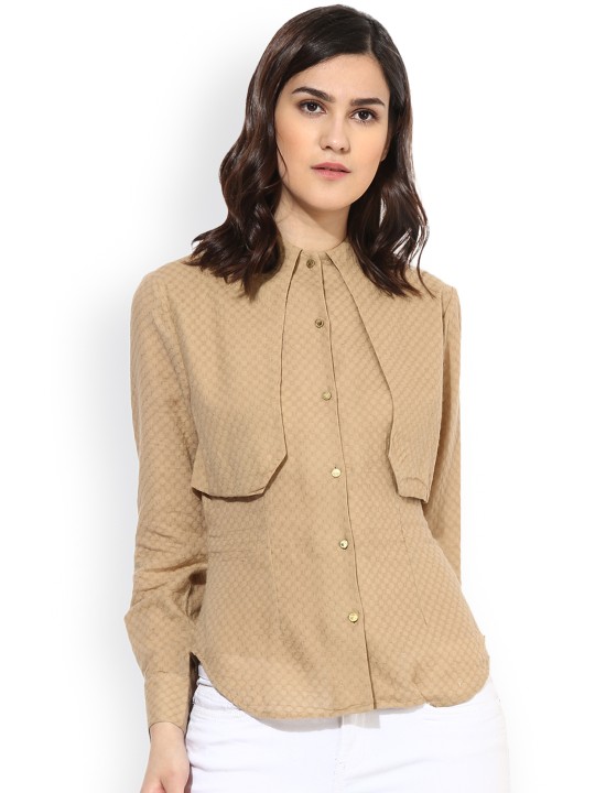 Women Beige Solid Shirt Style Top S
