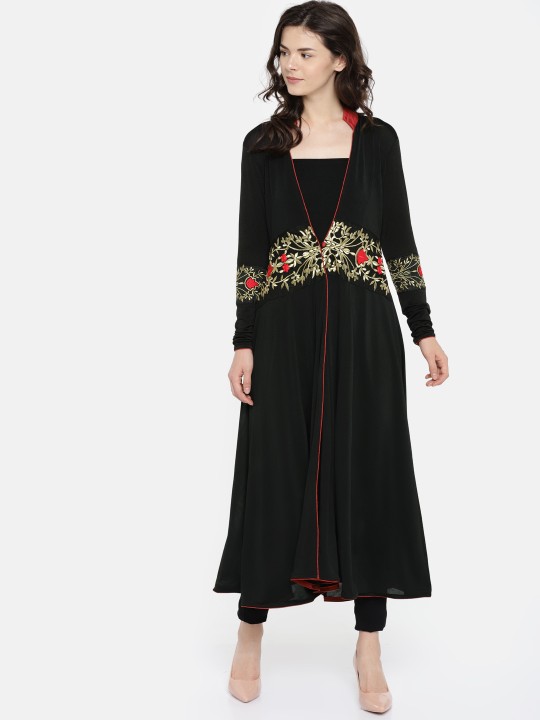 Black Self Design Open Front Ethnic Shrug S