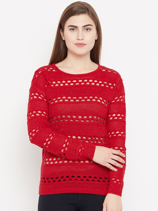Women Red Self Design Open Knit Pullover