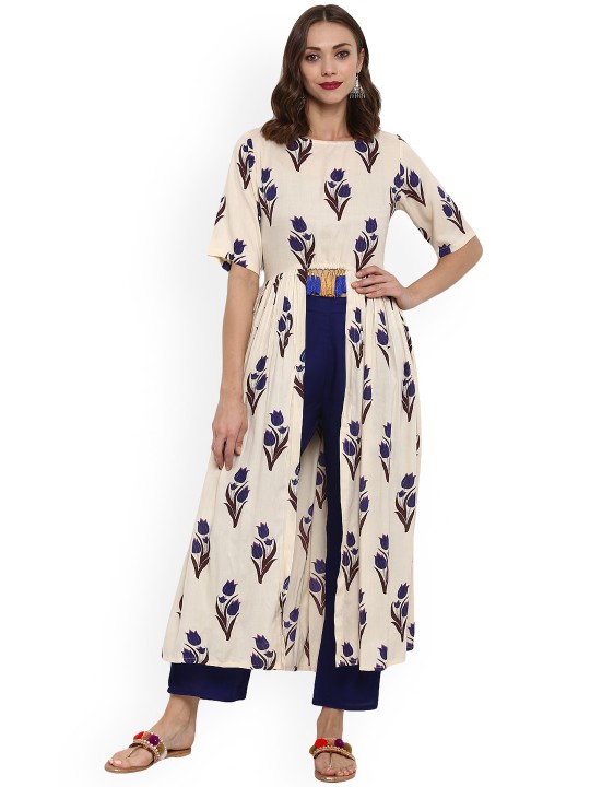 Women Off-White & Blue Printed Kurta with Palazzos S