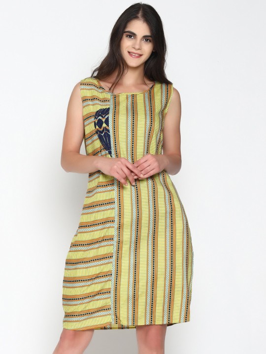 Women Yellow Striped A-Line Dress S