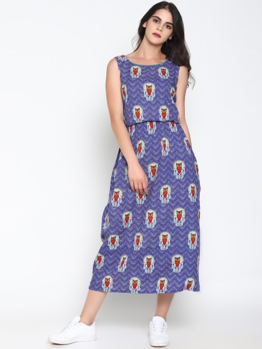 Women Blue Printed Blouson Dress S