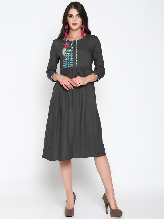Women Grey Self Design Empire Dress S