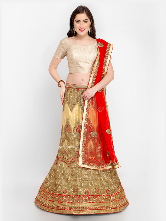Gold-Toned & Red Embroidered Semi-Stitched Lehenga & Unstitched Blouse with Dupatta