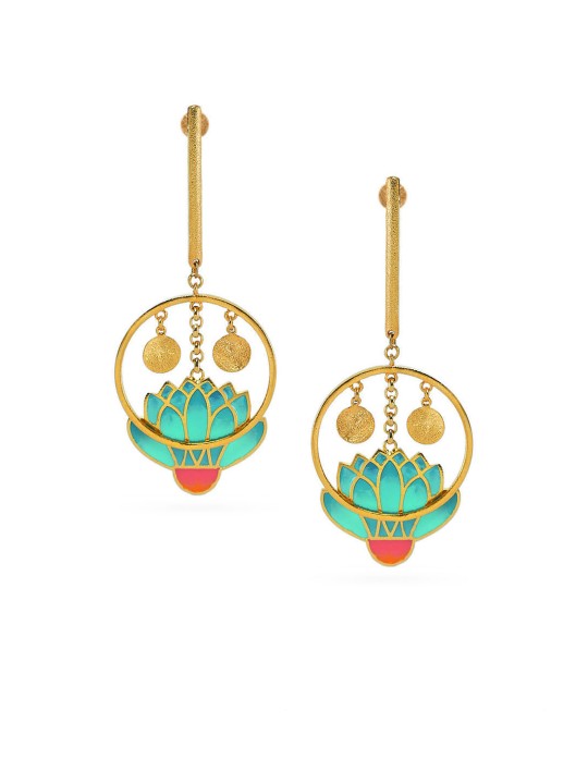 Turquoise Blue Gold-Plated Circular Drop Earrings