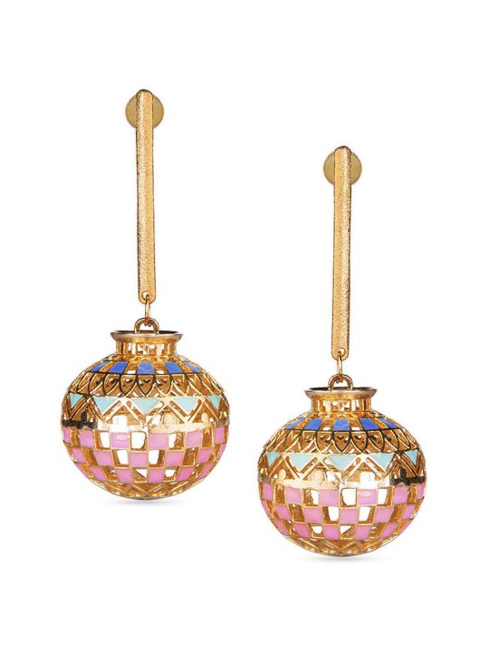 Gold-Toned & Pink Spherical Drop Earrings