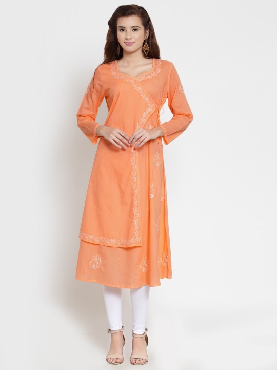 Women Orange Chikankari Embroidered A-Line Kurta XXL