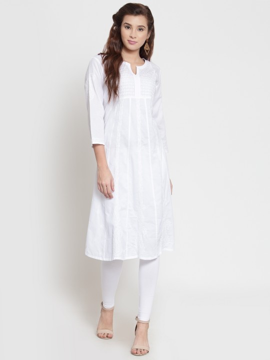 Women White Chikankari Embroidered A-Line Kurta S