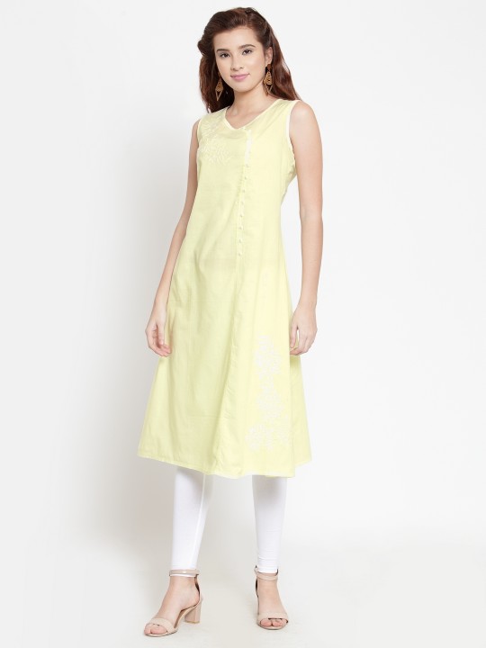 Women Yellow Chikankari Embroidered A-Line Kurta S