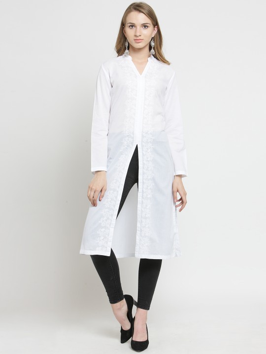 Women White Chikankari Embroidered Straight Kurta S