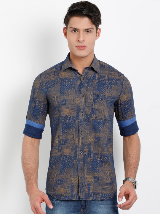 Men Brown & Blue Slim Fit Printed Casual Shirt 38