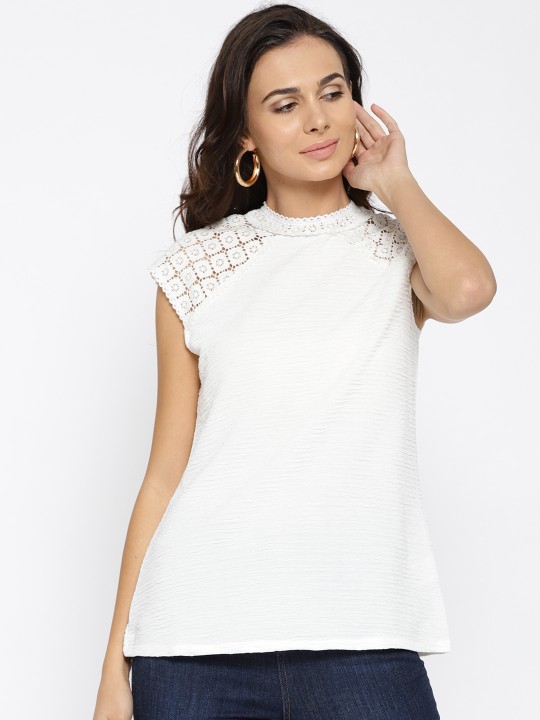 Women White Solid Top M