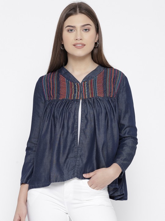 Navy Blue Chambray Solid Shrug M