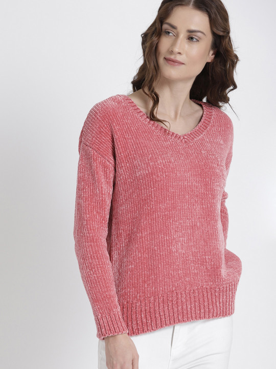 Womens Pink Velvet Chenille V Neck Pullover Sweater M Desertcart