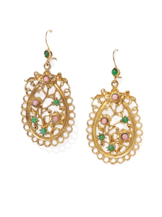 Green & Pink Gold-Plated Teardrop Shaped Drop Earrings