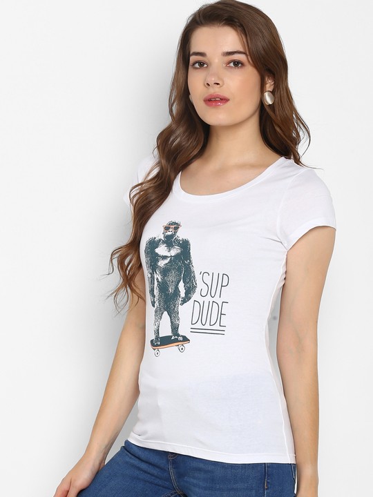 Women White Printed Scoop Neck T-shirt S