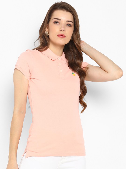 Women Peach-Coloured Solid Polo Collar T-shirt S