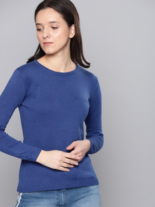 Women Blue Solid Pullover S