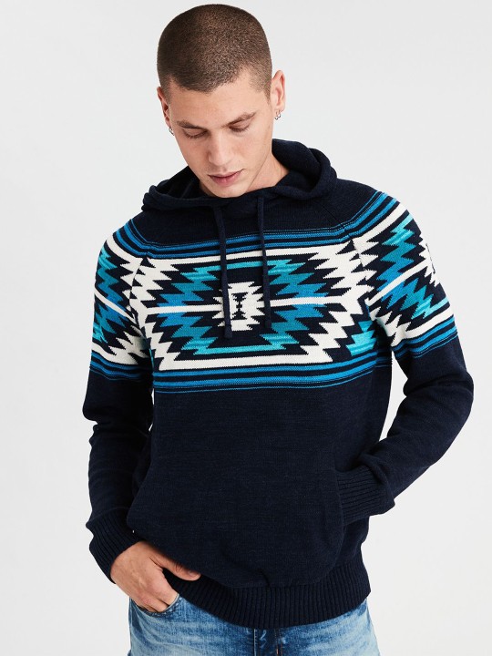 Men Navy Blue Self Design Pullover S
