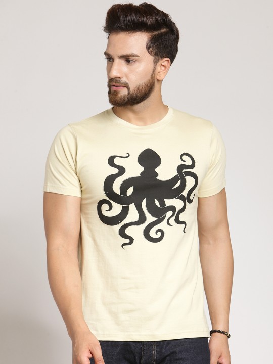 Men Cream-Coloured Printed Round Neck T-shirt S