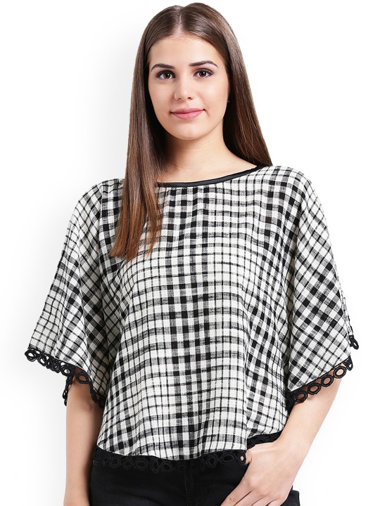 Women Black Checked Kaftan Top S