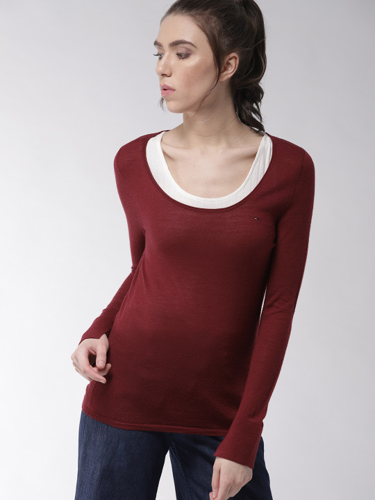 Women Maroon Woollen Solid Pullover XS