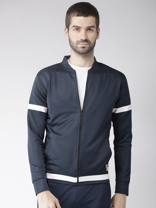 Men Navy Blue Solid Sporty Jacket L
