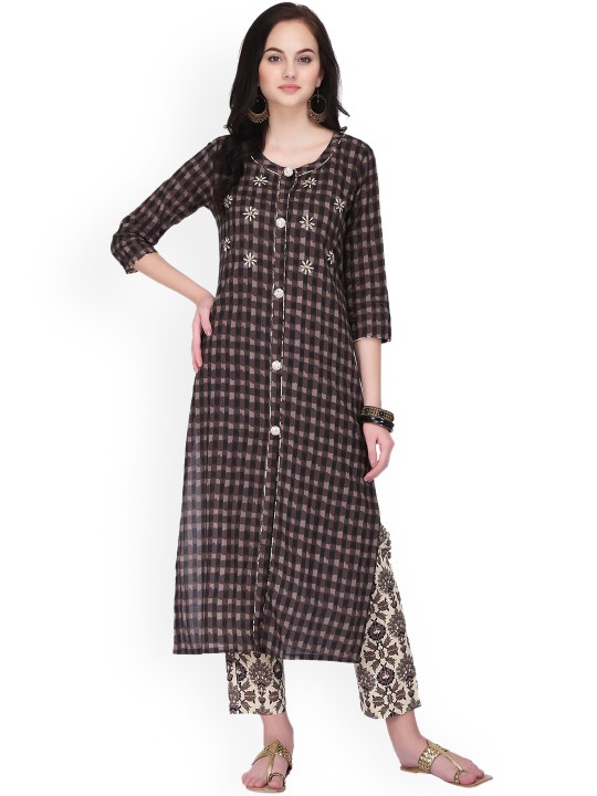 Women Brown & Off-White Printed Kurta with Trousers S