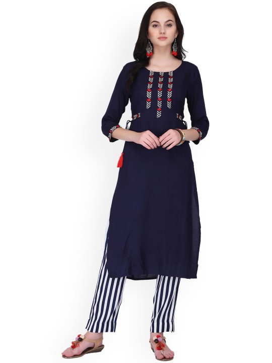 Women Navy Blue & White Embroidered Kurta with Trousers S