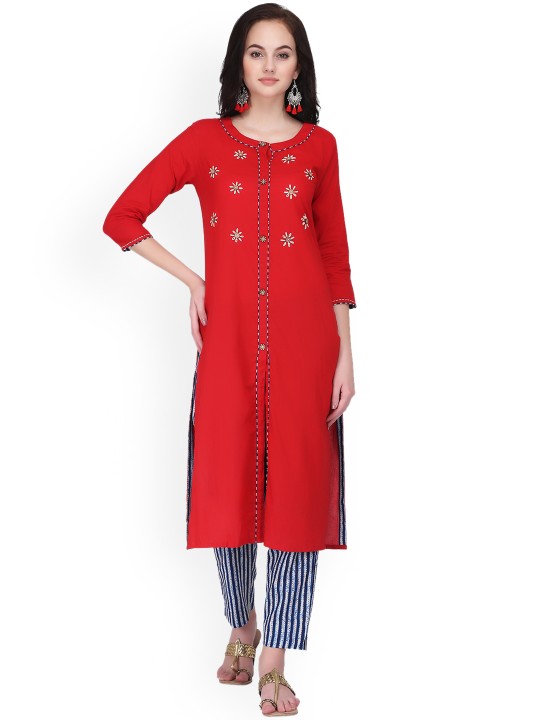 Women Red & Blue Embroidered Kurti with Trousers S
