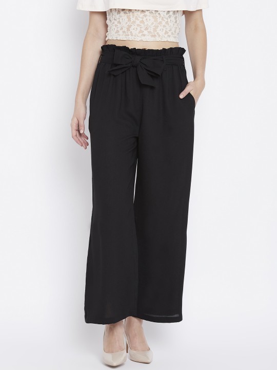 Buy Women Black Solid Regular Fit Parallel Trousers - Trousers for